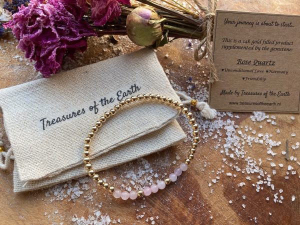 Gold Filled Bracelet Rose Quartz Birthstone October with Pouch